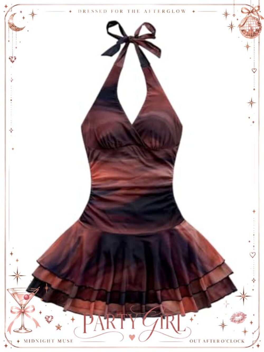 Y2K Mesh Tie Dye Halter Mini Dress Ruched Ruffle Bodycon Sundress